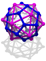 ☎∈ A rhombic triacontahedron with an inscribed dodecahedron (blue) and icosahedron (purple). (Click here for rotating model)