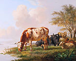Cows and sheep at the river bank (1832)