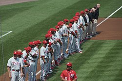 The 2010 Phillies on the field at Nationals Park on Opening Day