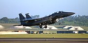 A 492d Fighter Squadron F-15E Strike Eagle from Lakenheath lifts off from the airfield's runway