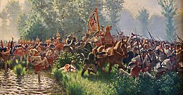 Painting of Prussian grenadiers chasing Saxon soldiers across a marshy field at the Battle of Hohenfriedberg