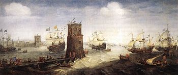 Crusaders attack the tower of Damietta in a painting by Cornelis Claesz van Wieringen.