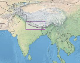Map of Indian subcontinent with focus (with a purple rectangle box) on Nepal, Dooars in West Bengal, Bhutan and East Assam.