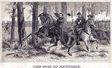 Death of General John F. Reynolds as he supervised the deployment of the Iron Brigade early on the first day of the Battle of Gettysburg
