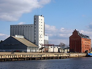 Old mill buildings and harbour in Toppila, Oulu, Finland