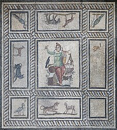 Roman guilloche on the Orpheus mosaic from the dining room of a Roman house, c.200, natural stone and glass, Pergamon Museum