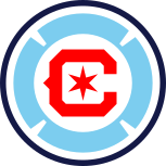 A dark blue circle outline filled in with white. Inside the circle is a Florian cross, a circular symbol broken into four parts that commonly represents firefighters. The four segments of the Florian cross have sharp corners, giving a modern look. The Florian cross is light blue, the same color as the flag of Chicago. Inside the Florian cross is another white circle, and inside that circle is a bright red letter C. The letter C is made of only sharp 45 and 90 degree lines, and features a small triangular outcropping on the left. Inside the C is a red six-pointed star like those on the flag of Chicago.