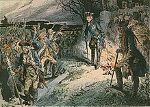 Painting of Frederick by a campfire with wounded Prussian soldiers