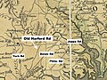 Section of 1794 Griffith "Map of Maryland," schematically showing routing of parts of today's Harford and Old Harford Roads from Baltimore City north-northeast into Harford County, Maryland. ("Map of the state of Maryland" by Dennis Griffith. Philadelphia: J. Vallance, publisher, 1795)