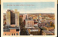 Bird's-eye view looking up Main Street, Houston, Texas (postcard, circa 1912–1924)