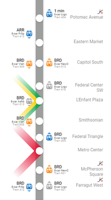 Map interface with a vertical silver line containing dots representing Silver Line stations. Train icons are placed alongside the line to represent live train positions. Station names are listed next to the corresponding dots, and colored diagonal lines next to the dots indicate transfers to other lines.
