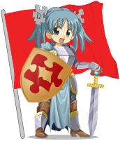 Dame Wikipe-tan in front of the banner of the WikiKnights