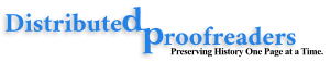 "Distributed Proofreaders" set in blue serif text, with the second word beginning at the bottom right of the first one. Below the second word, "Preserving History One Page at a Time." in black serif text.