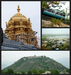 Clockwise from top left: Gopuram of Palani Murugan temple, Winch pulled car climbing uphill, Vaiyapuri Pond, View of temple atop the hill