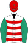 White, red hoops, emerald green sleeves, red cap