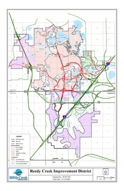 Map showing the cities of Bay Lake (red) and Lake Buena Vista (green), and unincorporated land (purple)