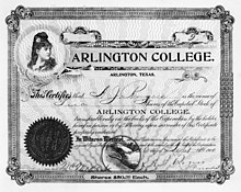 Stock certificate for $50 of shares in Arlington College