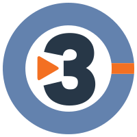 A thick blue circle with a black-colored "3" in the middle, with a small orange arrow representing a play button icon to its left, and a small orange line on the right.
