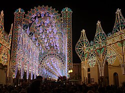 A sequence of colourful lights in the city centre during the Feast of St Philip and St James, the patrons saints of the city.