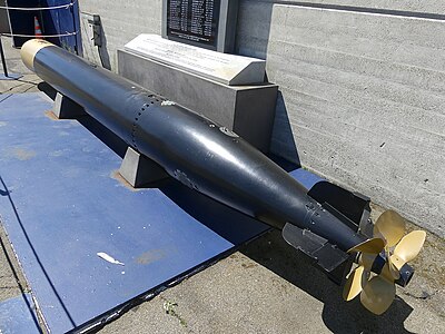 Mark XIV torpedo displayed in front of USS Pampanito.