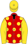 Red, yellow spots, sleeves and cap