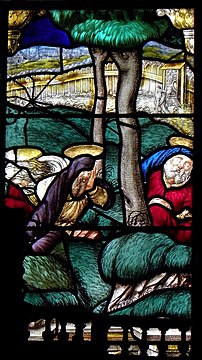 Whilst Jesus was praying the apostles who were with him have fallen asleep. Part of the choir window