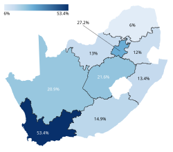 Map of percentages won by the Democratic Alliance