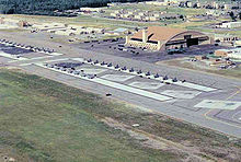 The flight line and Thunderdome hangar building at Eielson Air Force Base