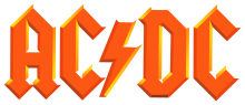 AC/DC's logo is shown in orange lettering with the AC separated from DC by a stylised lightning bolt.