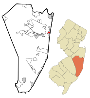 Map of Dover Beaches South CDP in Ocean County. Inset: Location of Ocean County in New Jersey.
