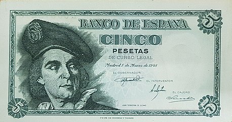Note of 5 pesetas from 1948, based on Ignacio Zuloaga's painting.