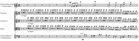 orchestral score of 8 bars or measures, with rapidly repeated notes underneath a melodic line