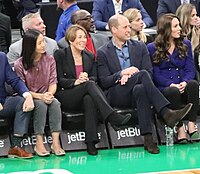 Sanders (back center) watching a November 2022 Boston Celtics game. In the front row are Boston Mayor Michelle Wu; Massachusetts Governor–elect Maura Healey; and diplomatic guests William, Prince of Wales and Catherine, Princess of Wales (visiting Boston for the 2022 Earthshot Prize)