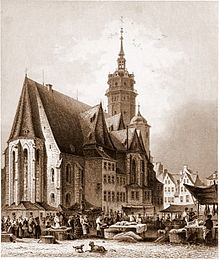 Steel engraving from an image, showing a large church with a high tower seen from the choir side, surrounded by a lively market