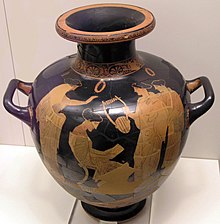 Red-figure vase, depicting a seated woman reading, surrounded by three standing women, one holding a lyre.
