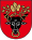A coat of arms depicting the black head of a bull with a golden vine entangled in its black horns and a golden ring protruding from its nose