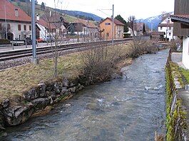 The river Birs and the railroad station in Sorvilier