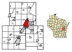Location of Appleton in Outagamie, Calumet, and Winnebago counties, Wisconsin