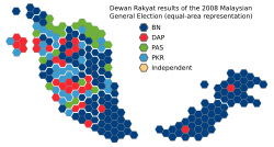 ☎∈ Results of the Malaysian Dewan Rakyat based on the 2008 general election, showing parliamentary constituencies represented by equal-area hexagons with approximate geographic locations.