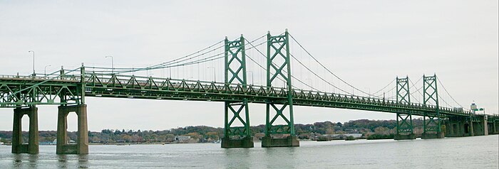Two bridges cross a river