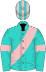 Turquoise, pink sash and armlets, striped cap