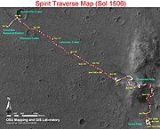 Map of the movement of the Spirit rover up to 2008.