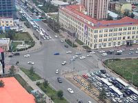 The intersection of Chinggis Khan Avenue and Peace Avenue, a major intersection, in Sukhbaatar District.