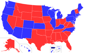 Map of the United States with states and territories colored according to the party affiliation of their governor