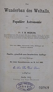 Title page to a 1861 first edition copy of "Der Wunderbau des Weltalls oder Populäre Astronomie"