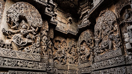 Exterior wall reliefs at Hoysaleswara Temple. The temple was twice sacked and plundered by the Delhi Sultanate.[251]