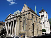 Geneva's Cathedral, Romanesque tower (right), Gothic hall (center), Neo-Classical façade (left)