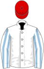 White, light blue striped sleeves, red cap