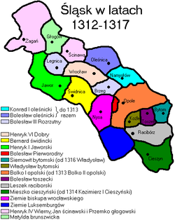 Silesia 1312-1317: Creation of the Duchy of Olésnica (blue, north) for Bolesław in 1313