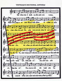 A sheet music notation of "Call to the Citizens", with the South Vietnamese flag in the background.